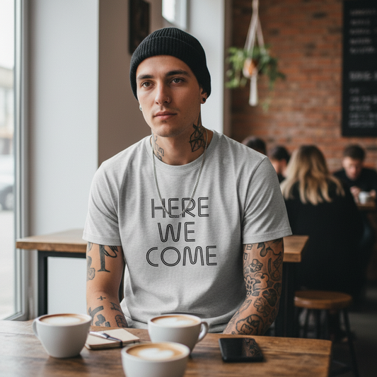Gray t-shirt with 'HERE WE COME' text on a white background