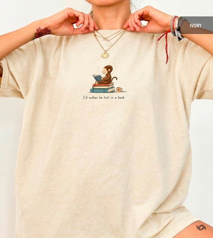 Monkey Reading Book Shirt, Garment-Dyed Cotton Tee, Bookworm Gift