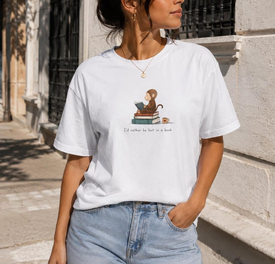 Monkey Reading Book Shirt, Garment-Dyed Cotton Tee, Bookworm Gift