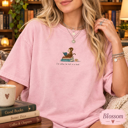 Monkey Reading Book Shirt, Garment-Dyed Cotton Tee, Bookworm Gift