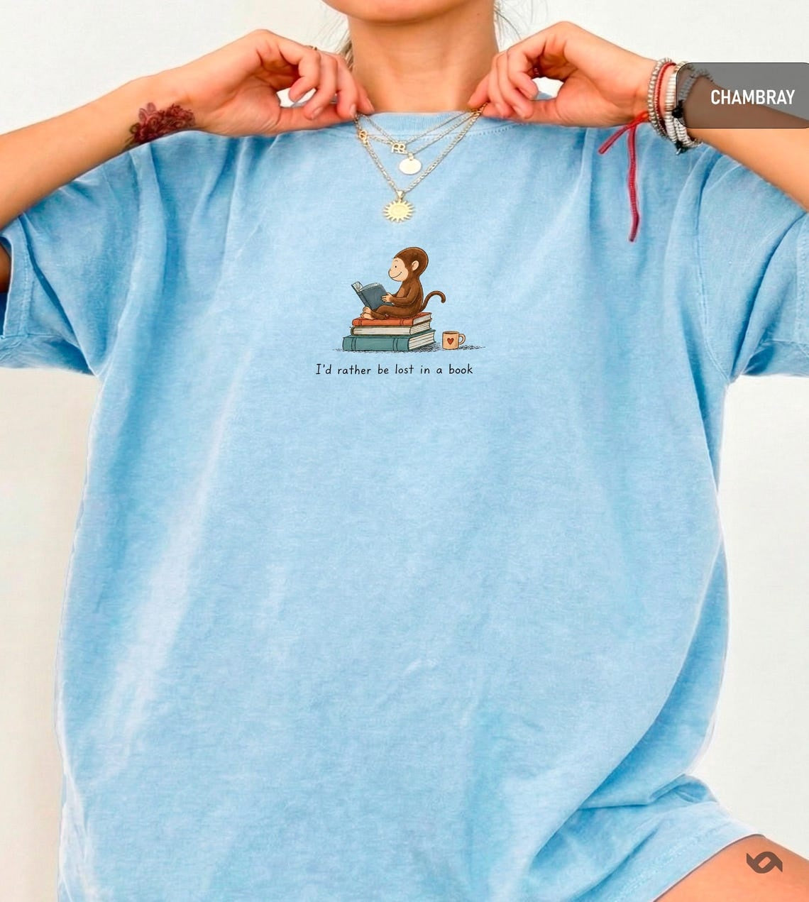 Monkey Reading Book Shirt, Garment-Dyed Cotton Tee, Bookworm Gift