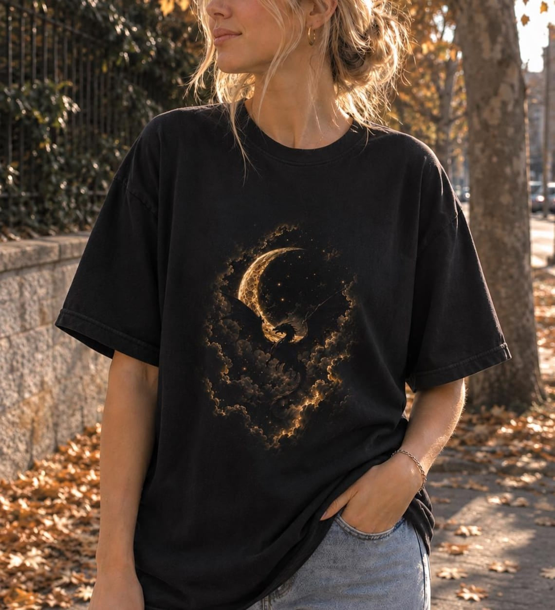 Moon Dragon Graphic Tee, Dark Fantasy Gothic Shirt, Mystic Celestial Apparel