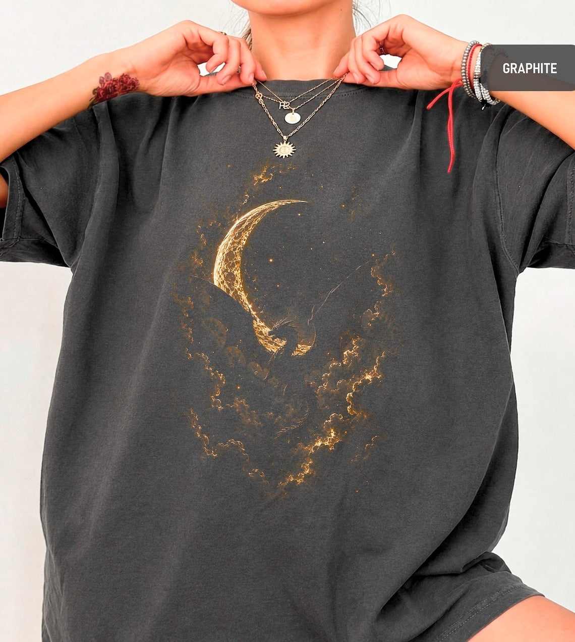 Moon Dragon Graphic Tee, Dark Fantasy Gothic Shirt, Mystic Celestial Apparel