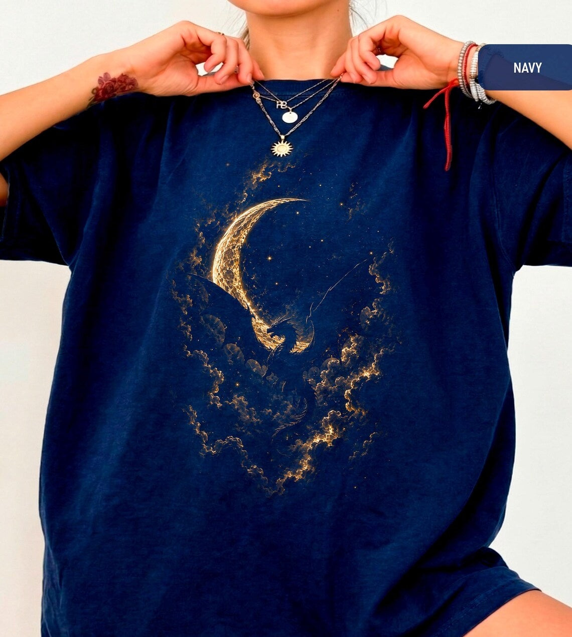 Moon Dragon Graphic Tee, Dark Fantasy Gothic Shirt, Mystic Celestial Apparel