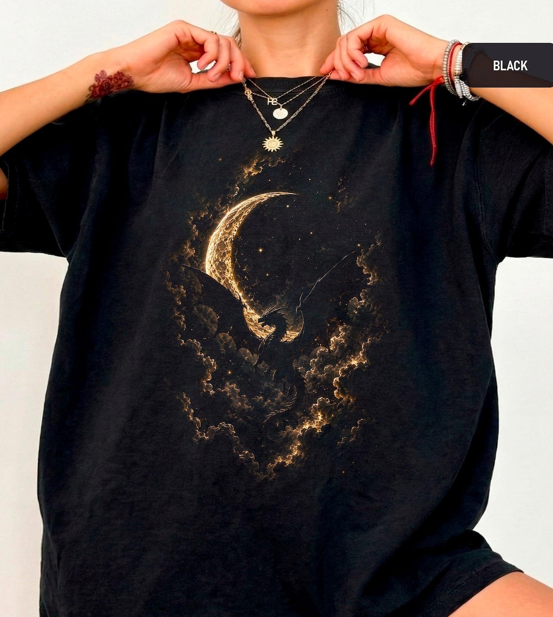 Moon Dragon Graphic Tee, Dark Fantasy Gothic Shirt, Mystic Celestial Apparel