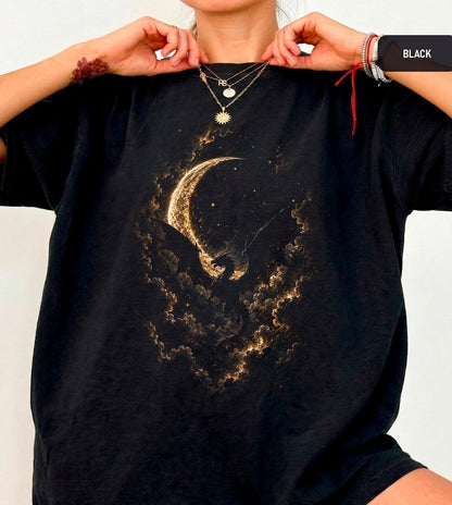 Moon Dragon Graphic Tee, Dark Fantasy Gothic Shirt, Mystic Celestial Apparel