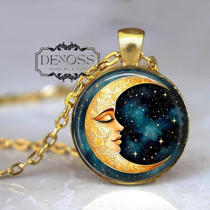 Moon Face Necklace,Crescent Moon and Stars Jewelry,Moon Face Pendant,Vintage Moon,Night Sky,Astronomy,Space