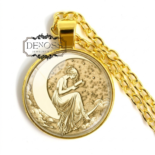 Moon Lady Necklace,Celestial Book Lover Pendant