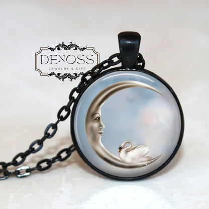 Moon Swan Pendant Necklace,Celestial