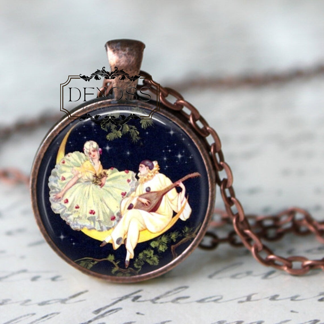 Moonlight Serenade - Vintage Collage Pendant - Moon Pendant, Moon Necklace, Space, Woman in Moon Necklace