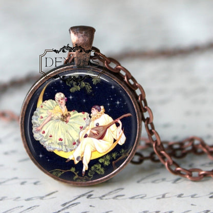 Moonlight Serenade - Vintage Collage Pendant - Moon Pendant, Moon Necklace, Space, Woman in Moon Necklace