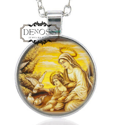 Mother Mary And Child Jesus with Doves Necklace,Round Pendant