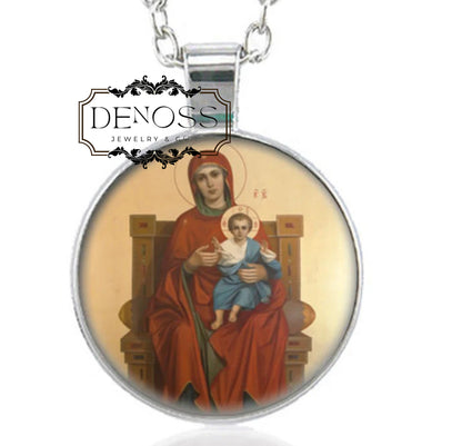 Mother of God Enthroned Reigning Orthodox Mary Sitting on Throne with Baby Jesus Necklace