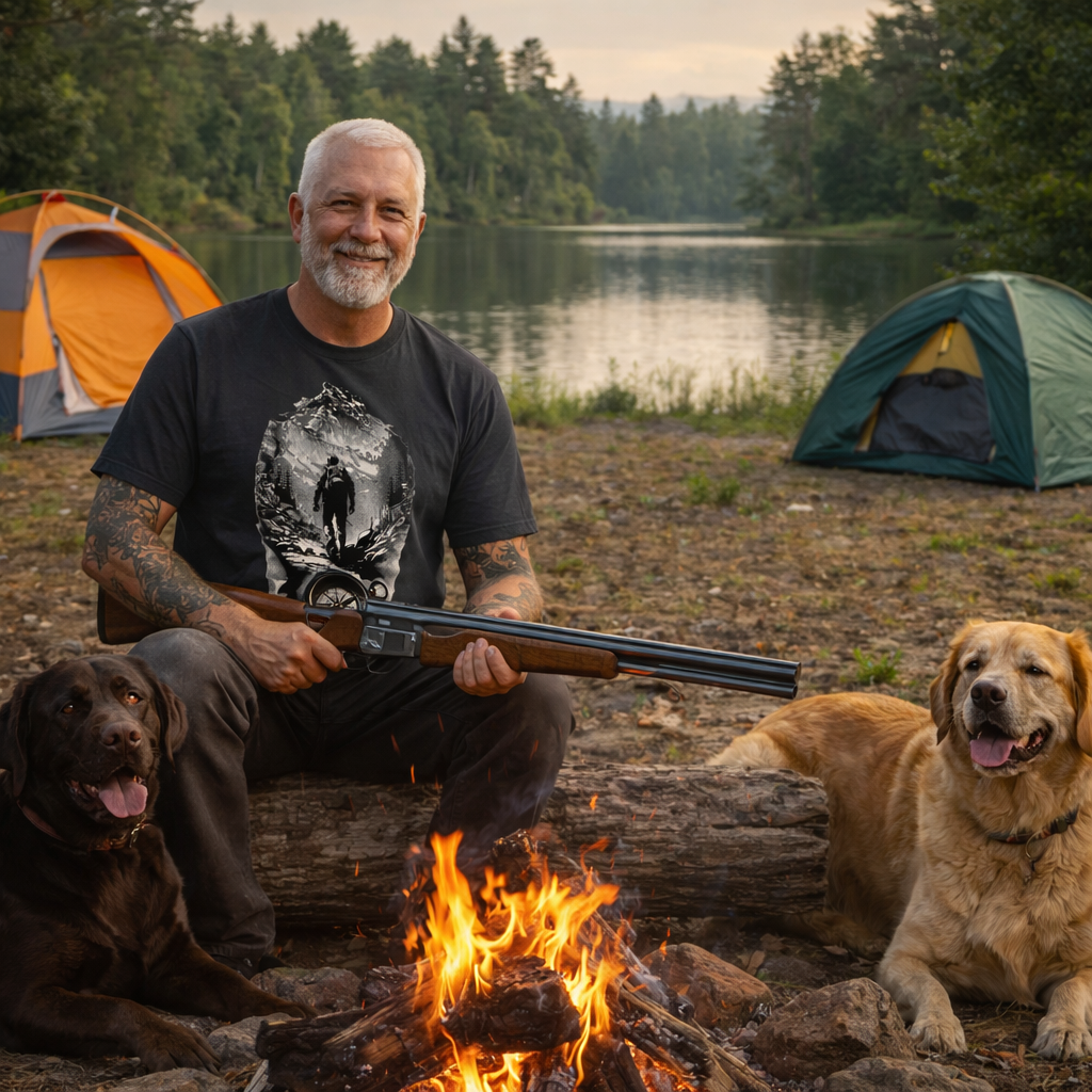 Man with tattoos holding a shotgun, sitting by a campfire with two dogs near tents by a lake.