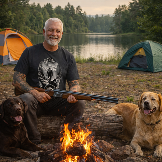 Man with tattoos holding a shotgun, sitting by a campfire with two dogs near tents by a lake.