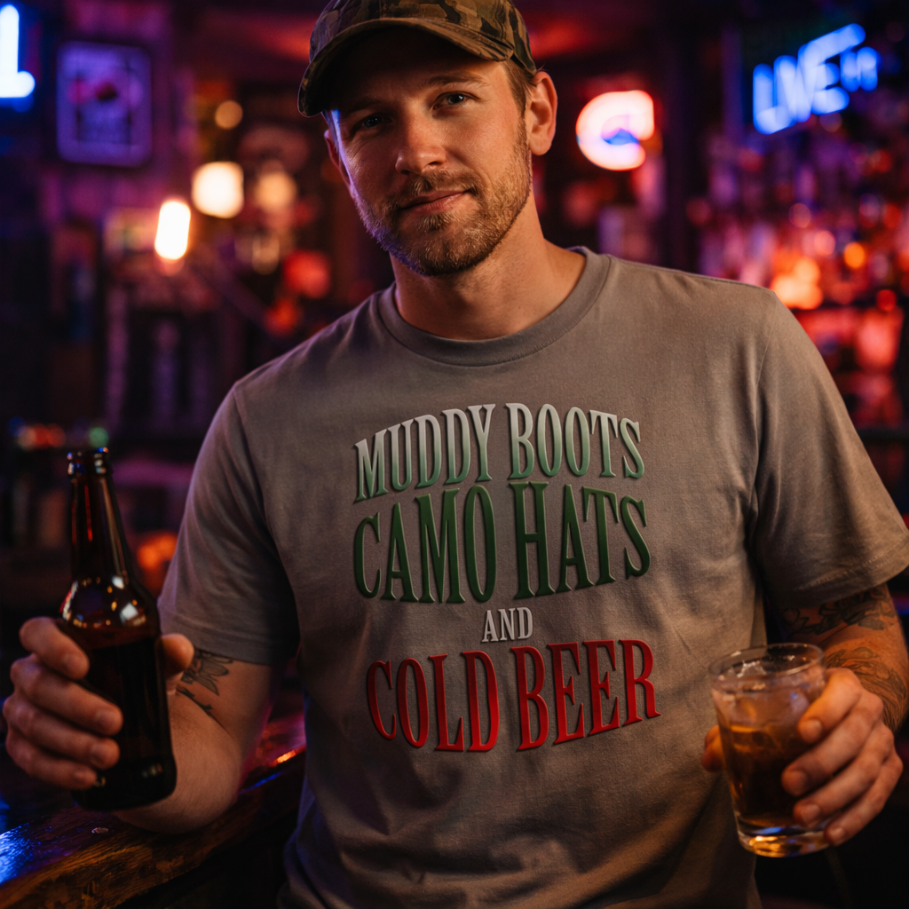 Muddy Boots Camo Hats And Cold Beer Country Music Tshirt For Western Lifestyle