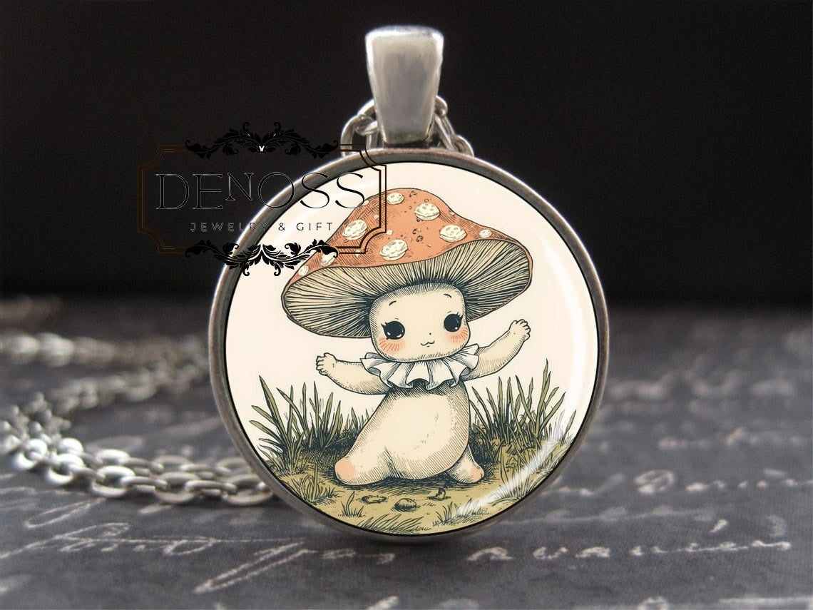 Mushroom Necklace,Hugging Toadstool Friend,Whimsical Woodland Jewelry Charm