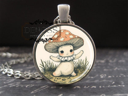 Mushroom Necklace,Hugging Toadstool Friend,Whimsical Woodland Jewelry Charm