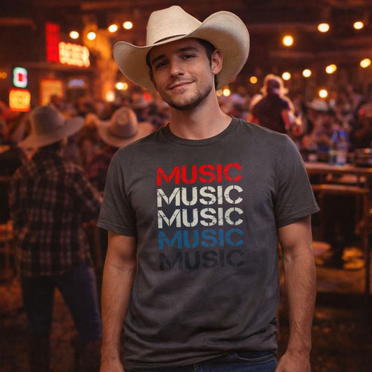 Man wearing a cowboy hat and 'Music Music Music' t-shirt in a bar setting