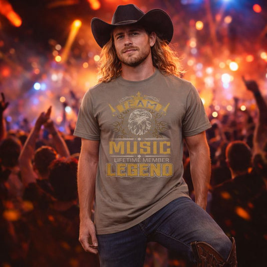 Man wearing a t-shirt with 'Music Lifetime Member Legend' at a concert.