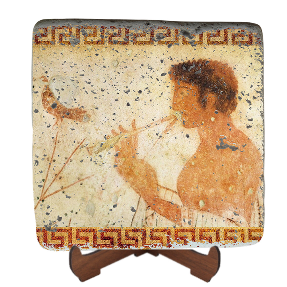 Musician playing double flute,Triclinium Tomb,Pompeii,Roman Art,Etruscan Art Fresco on Stone