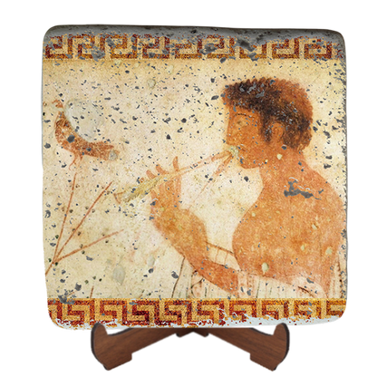 Musician playing double flute,Triclinium Tomb,Pompeii,Roman Art,Etruscan Art Fresco on Stone