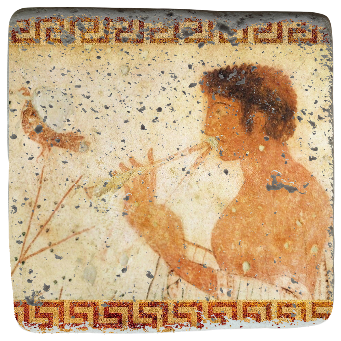 Musician playing double flute,Triclinium Tomb,Pompeii,Roman Art,Etruscan Art Fresco on Stone