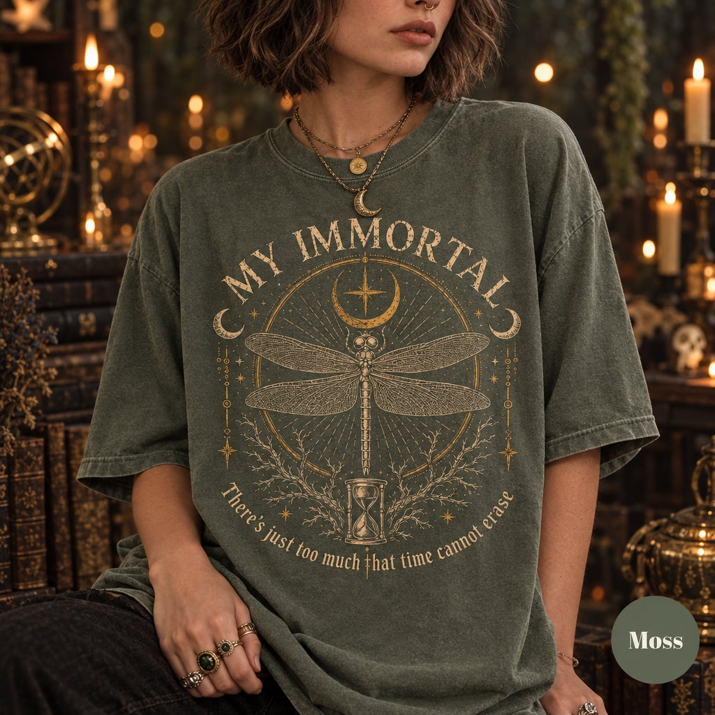 My Immortal Dragonfly Shirt, Gothic Dragonfly Tee, Dark Academia Shirt, Celestial Moon T-Shirt, Witchy Nature Gift