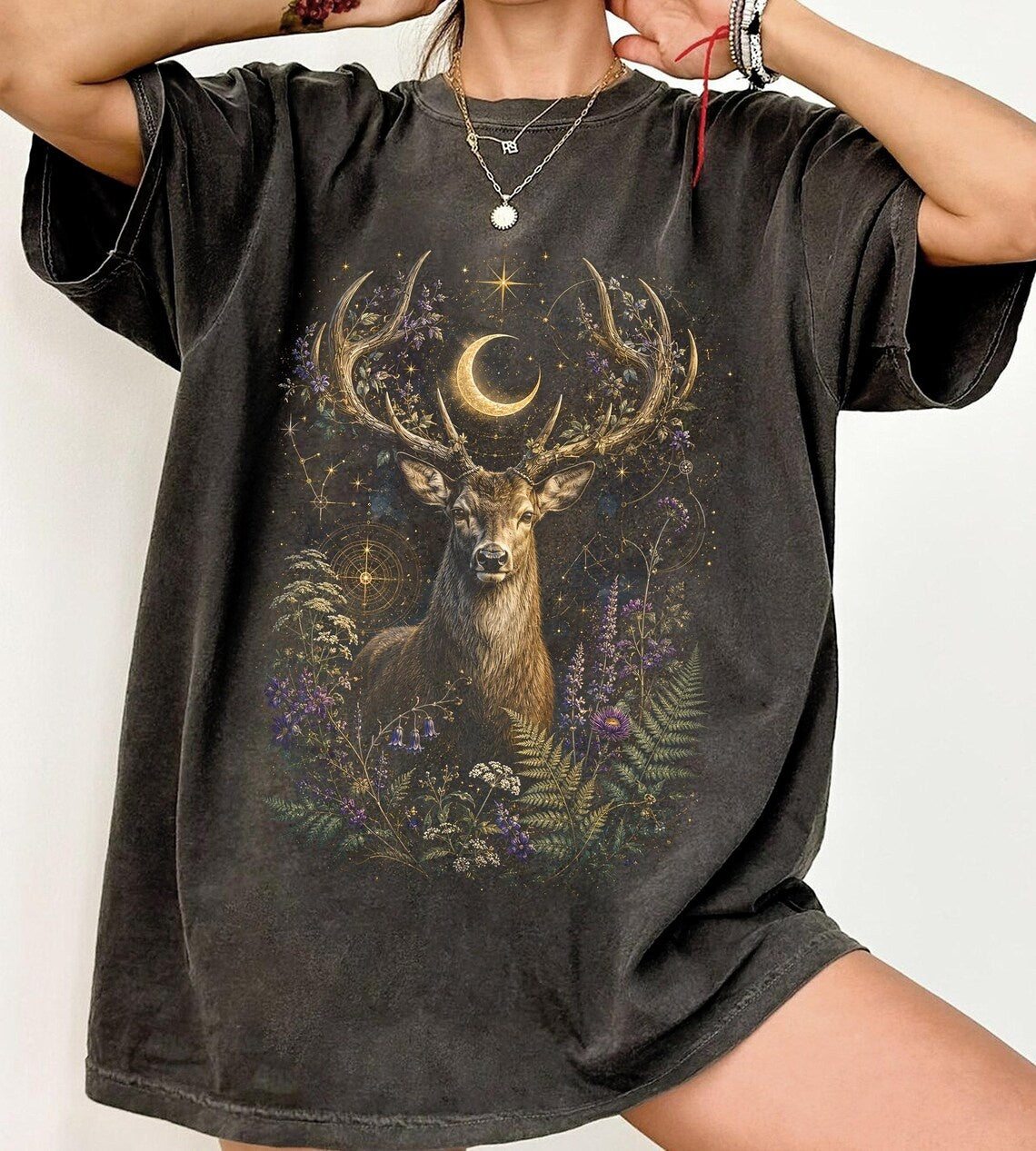 Mystic Deer Shirt, Gothic Tee, Witchy T-Shirt, Forest Tee for Women, Celestial Stag Art, Whimsical Woodland, Retro Magical Nature Apparel