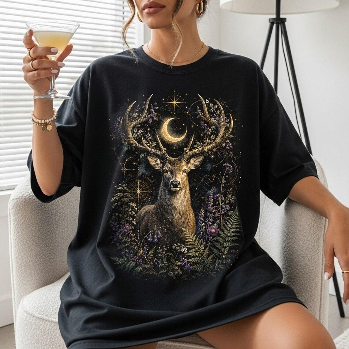 Mystic Deer Shirt, Gothic Tee, Witchy T-Shirt, Forest Tee for Women, Celestial Stag Art, Whimsical Woodland, Retro Magical Nature Apparel