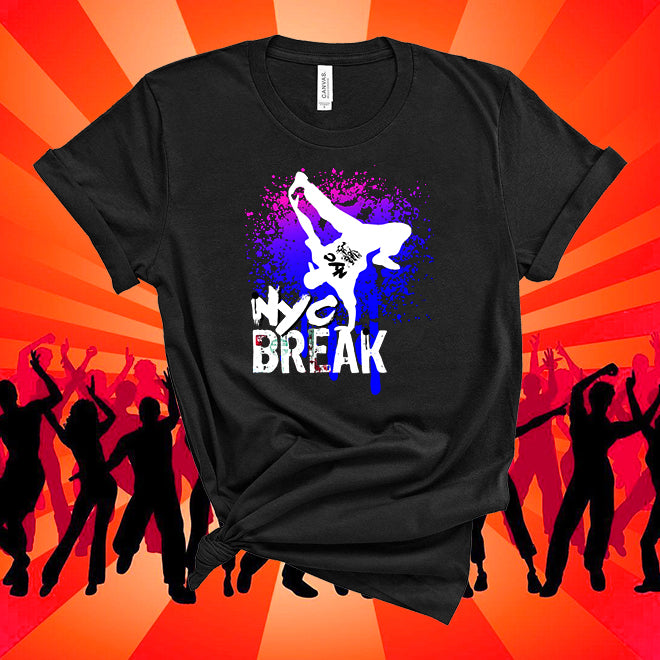 Black t-shirt with 'NYC Break' graphic design on a colorful background with silhouettes of people dancing.