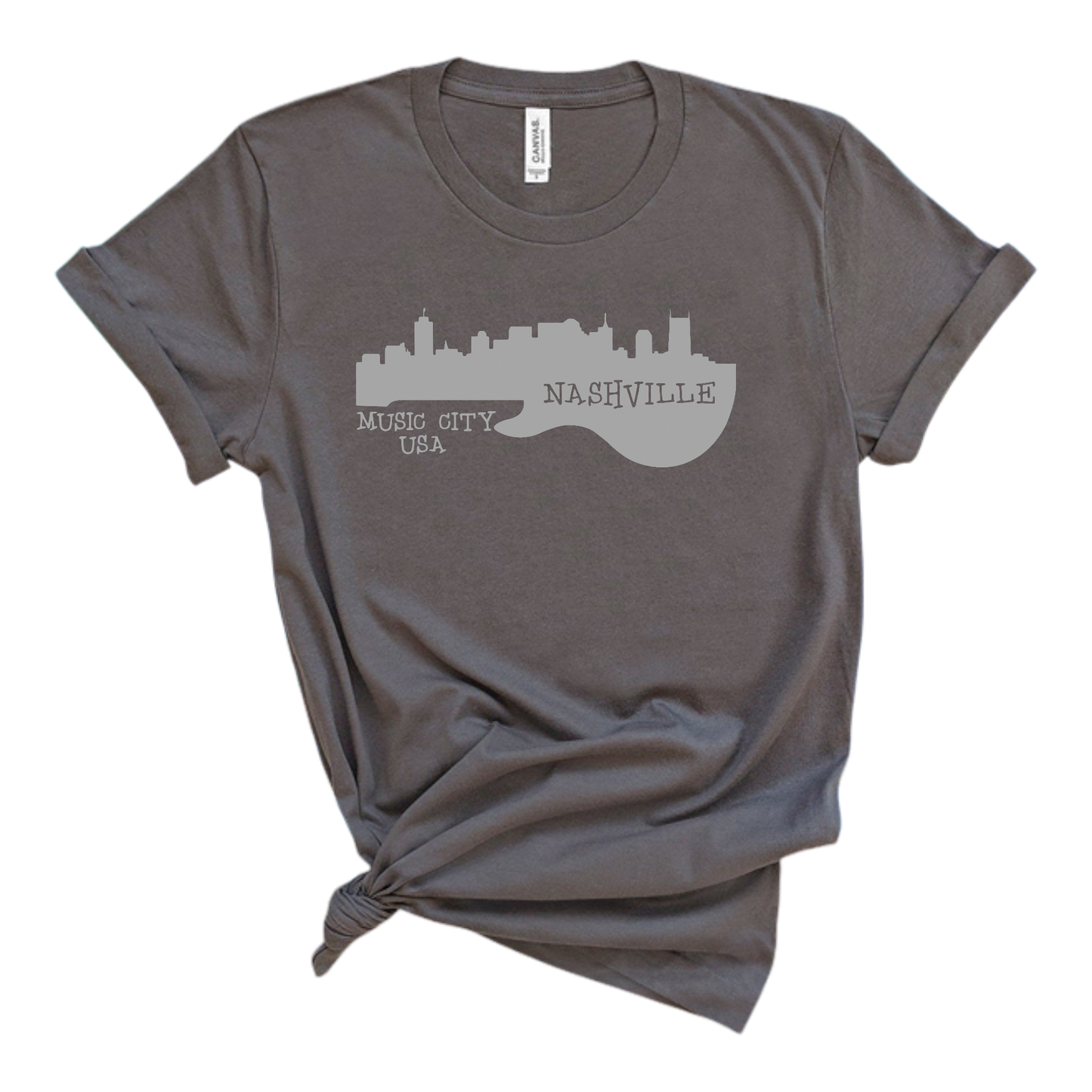 Gray t-shirt with Nashville skyline design on a white background