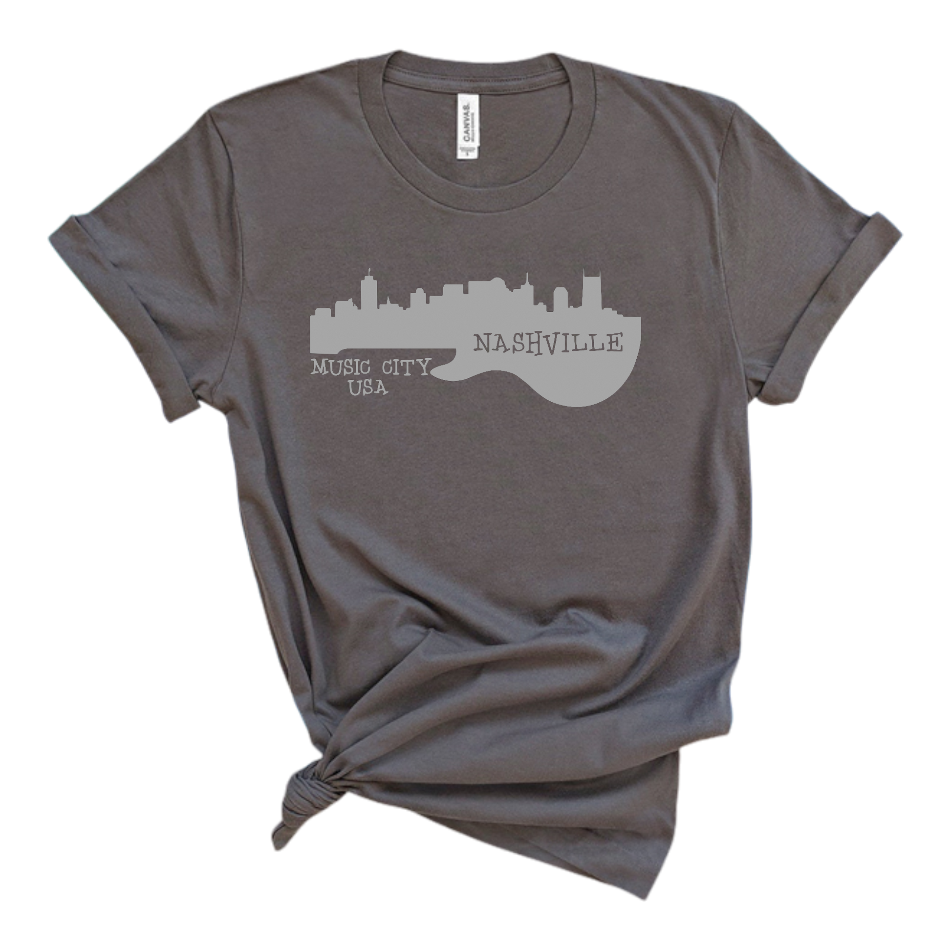 Gray t-shirt with Nashville skyline design on a white background