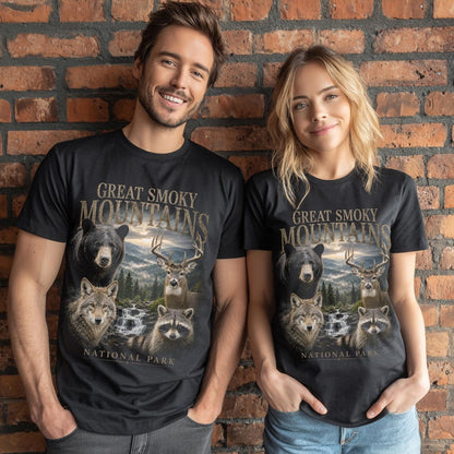National Park Shirt, GREAT SMOKY MOUNTAINS Tee, Wildlife T Shirt, Bear Deer Raccoon Coyote, Retro Nature T-Shirt, Camping Shirt, Hiking Gift