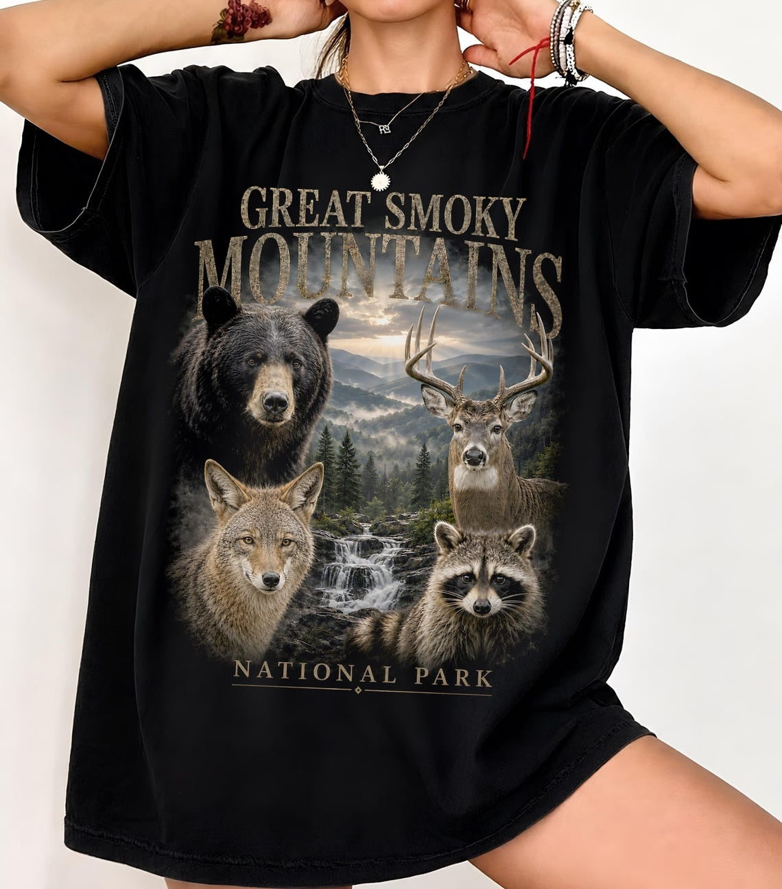 National Park Shirt, GREAT SMOKY MOUNTAINS Tee, Wildlife T Shirt, Bear Deer Raccoon Coyote, Retro Nature T-Shirt, Camping Shirt, Hiking Gift