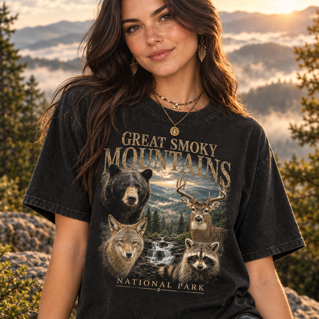 National Park Shirt, GREAT SMOKY MOUNTAINS Tee, Wildlife T Shirt, Bear Deer Raccoon Coyote, Retro Nature T-Shirt, Camping Shirt, Hiking Gift