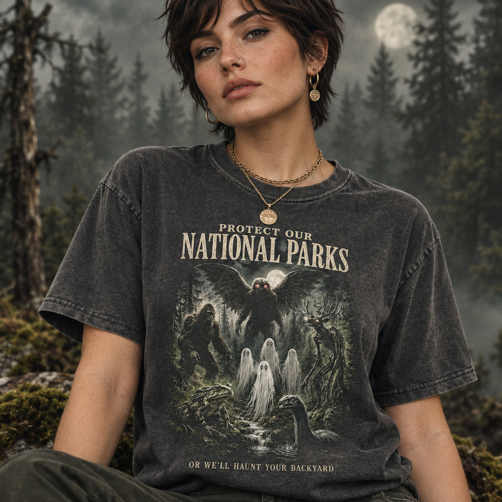 National Park Shirt, Protect Our National Parks Tee, Cryptid T-Shirt, Mothman Bigfoot Art, Spooky Forest Shirt, Vintage Nature Apparel