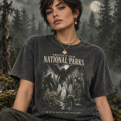 National Park Shirt, Protect Our National Parks Tee, Cryptid T-Shirt, Mothman Bigfoot Art, Spooky Forest Shirt, Vintage Nature Apparel