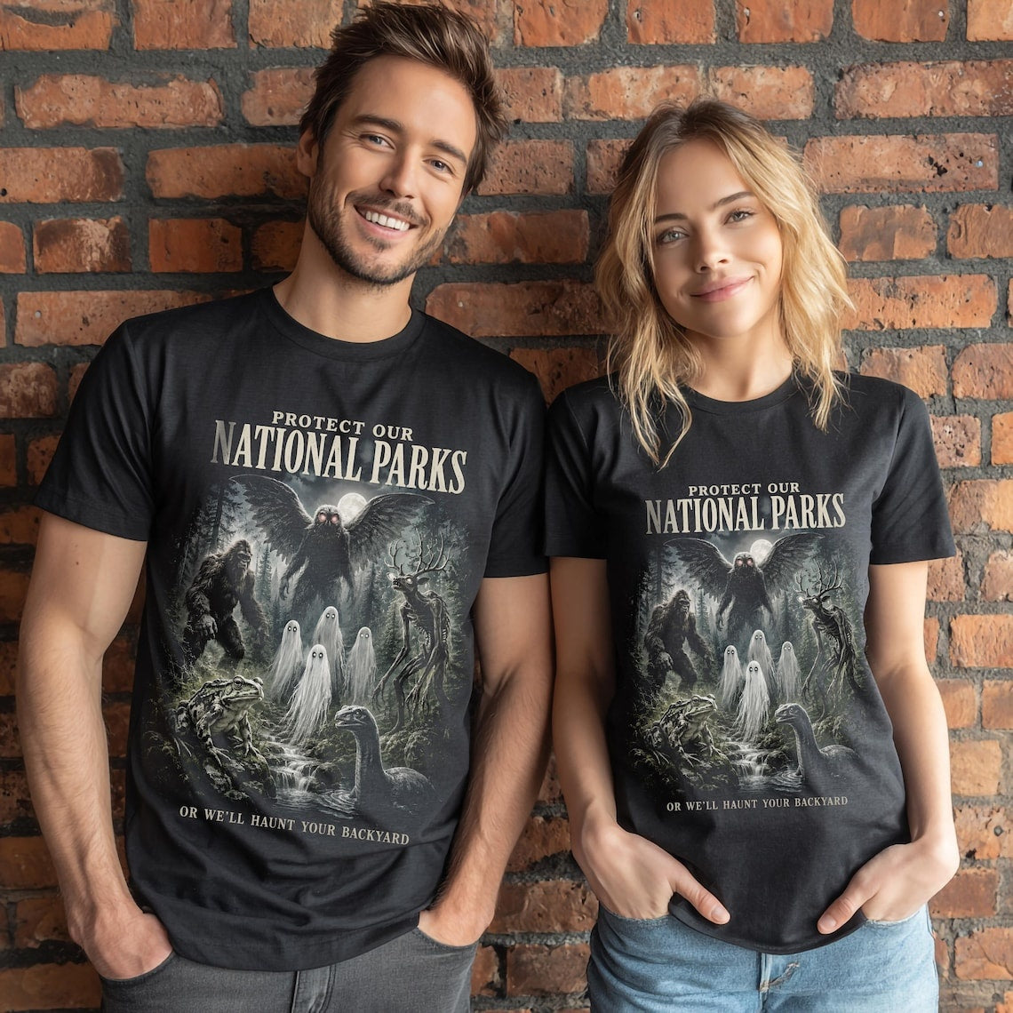 National Park Shirt, Protect Our National Parks Tee, Cryptid T-Shirt, Mothman Bigfoot Art, Spooky Forest Shirt, Vintage Nature Apparel