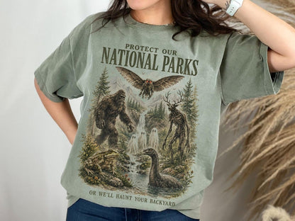 National Park Shirt, Protect Our National Parks Tee, Mothman Bigfoot Art, Spooky Forest Shirt, Vintage Nature Apparel, Retro Cryptid Tee