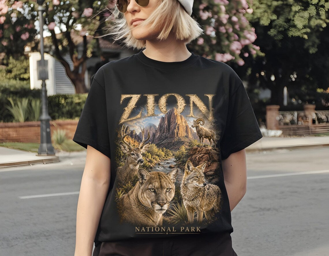 National Park Shirt, Zion National Park Tee, Camping Shirt, Utah Wildlife, Cougar Coyote Bighorn Sheep Art, Hiking Tee, Nature Lover Gift