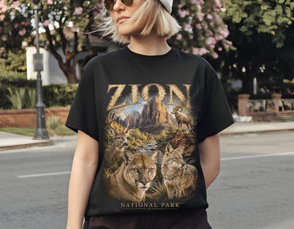 National Park Shirt, Zion National Park Tee, Camping Shirt, Utah Wildlife, Cougar Coyote Bighorn Sheep Art, Hiking Tee, Nature Lover Gift