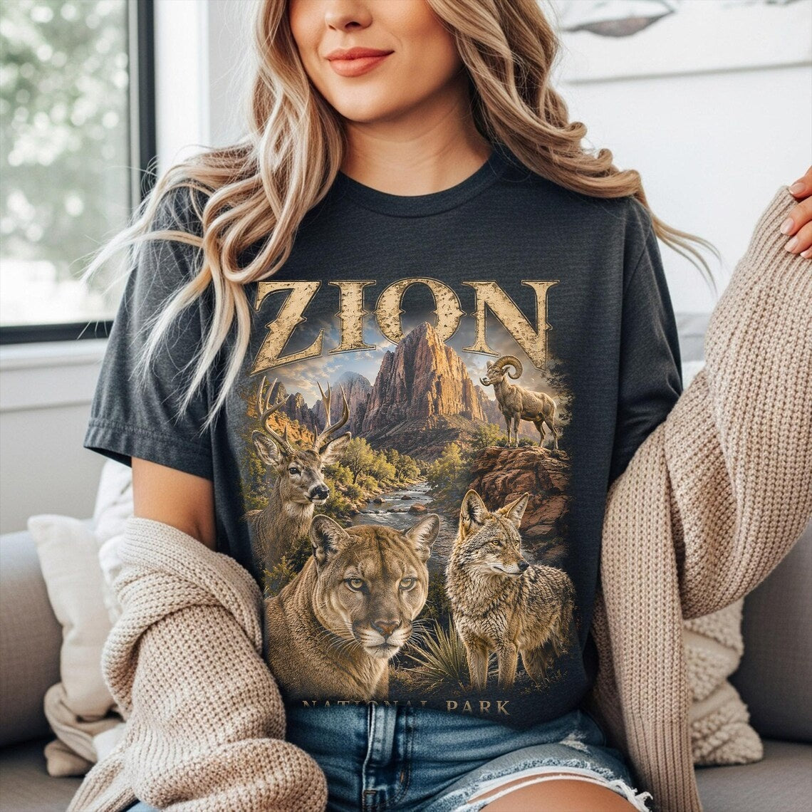 National Park Shirt, Zion National Park Tee, Camping Shirt, Utah Wildlife, Cougar Coyote Bighorn Sheep Art, Hiking Tee, Nature Lover Gift