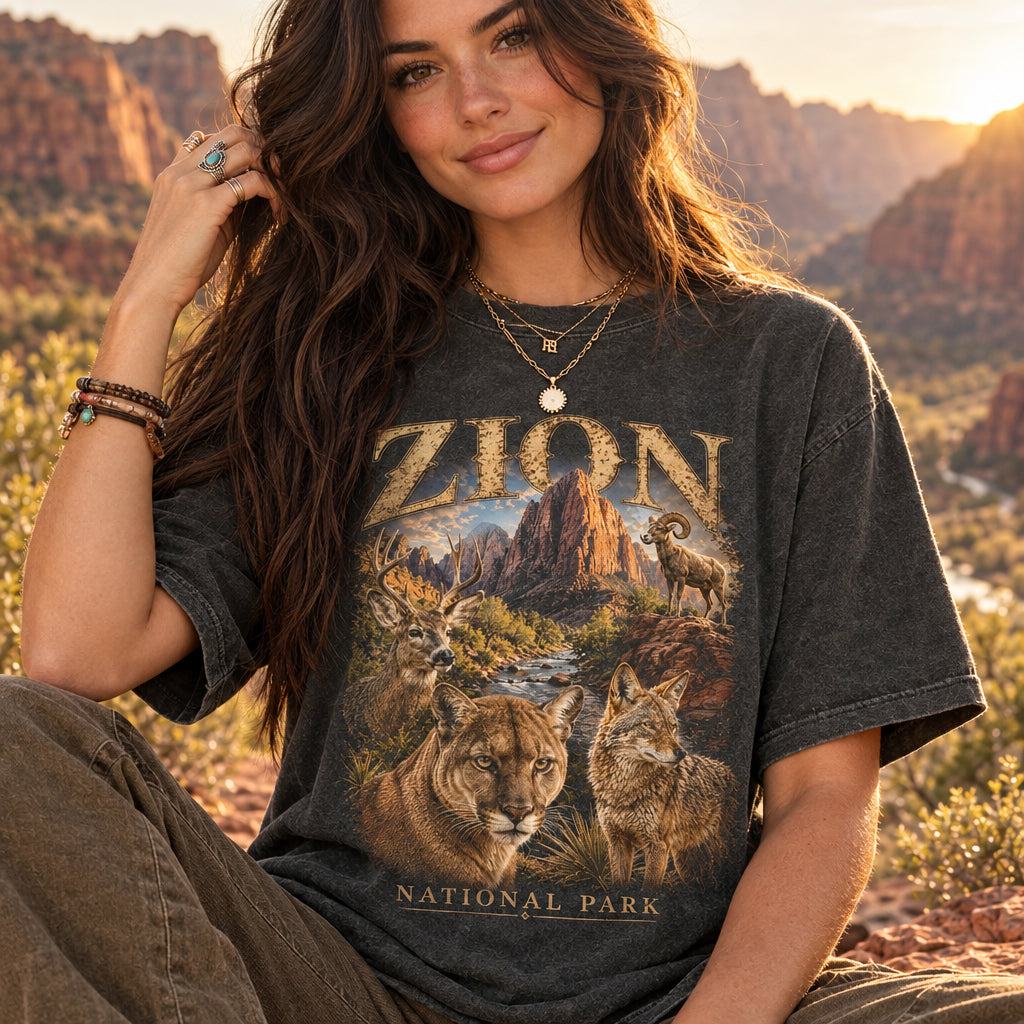 National Park Shirt, Zion National Park Tee, Camping Shirt, Utah Wildlife, Cougar Coyote Bighorn Sheep Art, Hiking Tee, Nature Lover Gift