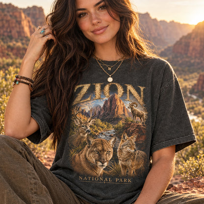 National Park Shirt, Zion National Park Tee, Camping Shirt, Utah Wildlife, Cougar Coyote Bighorn Sheep Art, Hiking Tee, Nature Lover Gift