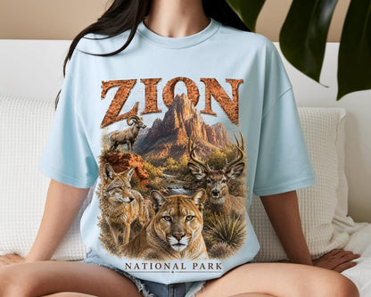 National Park Shirt, Zion National Park Tee, Camping Shirt, Utah Wildlife, Cougar Coyote Bighorn Sheep Art, Hiking Tee, Nature Lover Gift