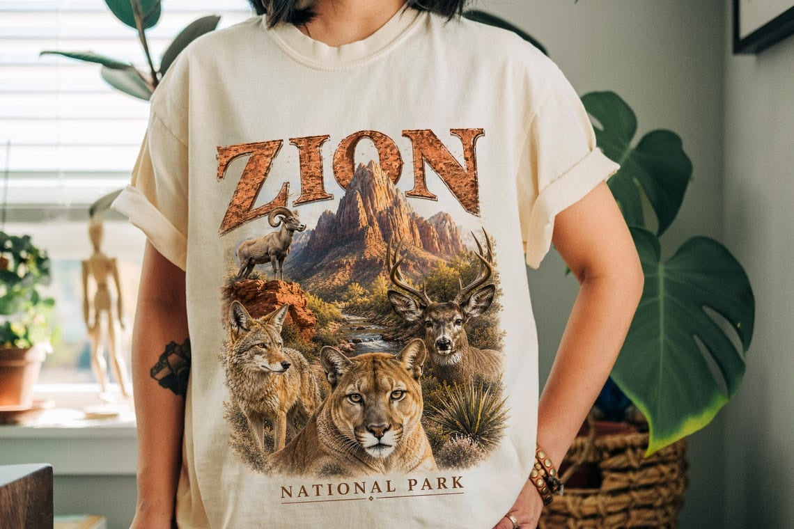 National Park Shirt, Zion National Park Tee, Camping Shirt, Utah Wildlife, Cougar Coyote Bighorn Sheep Art, Hiking Tee, Nature Lover Gift