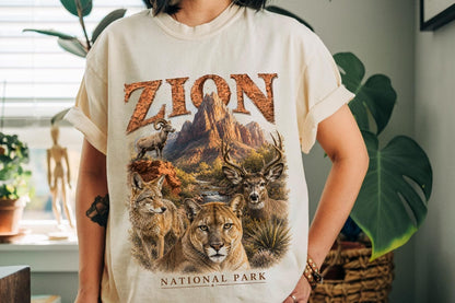 National Park Shirt, Zion National Park Tee, Camping Shirt, Utah Wildlife, Cougar Coyote Bighorn Sheep Art, Hiking Tee, Nature Lover Gift