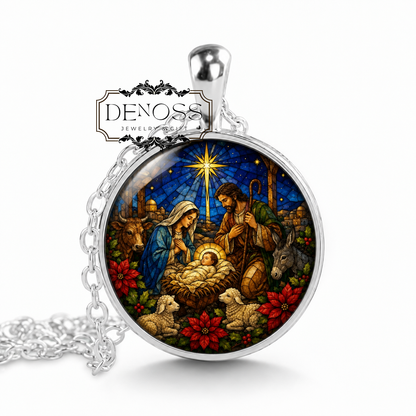 Nativity Scene Necklace,Baby Jesus Mary Joseph Manger Christmas Necklace,Christmas Jewelry,Holy Family Bethlehem