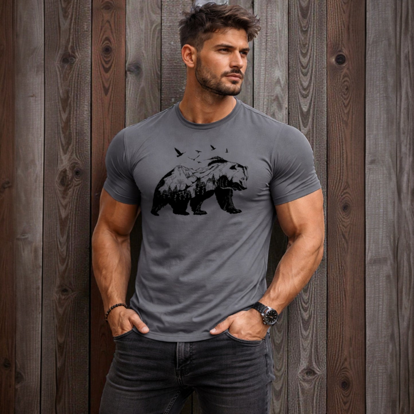 Bear TShirt Men,Bear and Compass ,Fishing Tshirts 